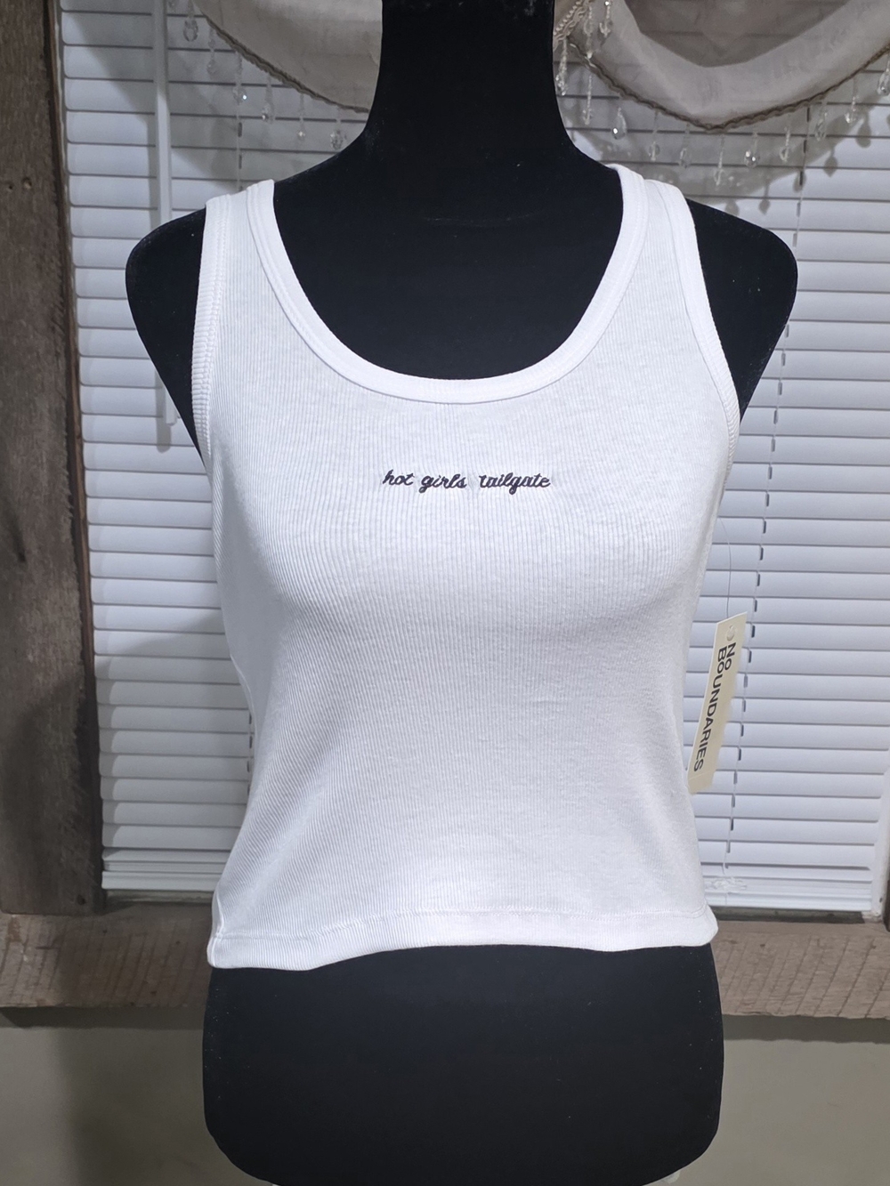 No Boundaries White Ribbed Cropped Tank with Script Logo